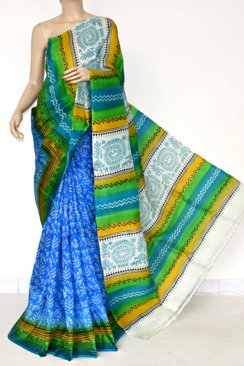 Blue-Green Double Knitted Handloom Pure Silk Saree