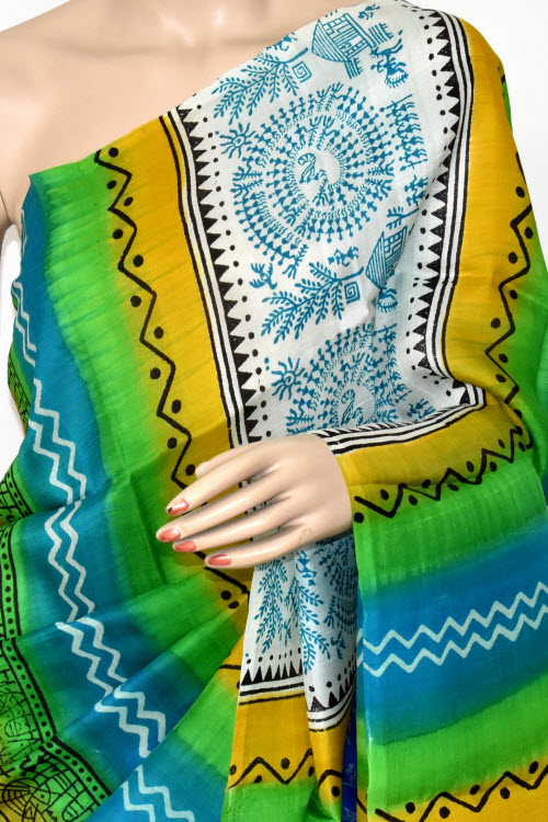 Blue-Green Double Knitted Handloom Pure Silk Saree