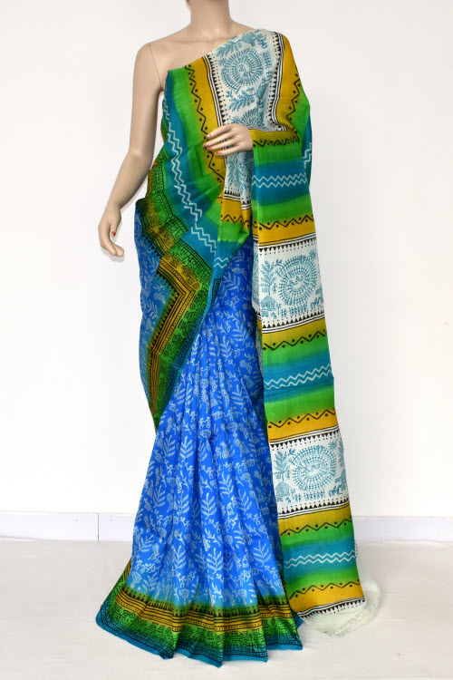 Blue-Green Double Knitted Handloom Pure Silk Saree