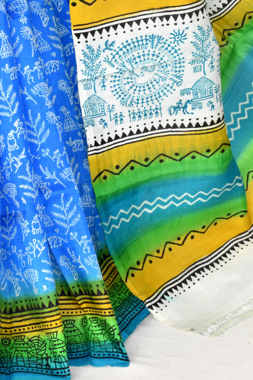 Blue-Green Double Knitted Handloom Pure Silk Saree