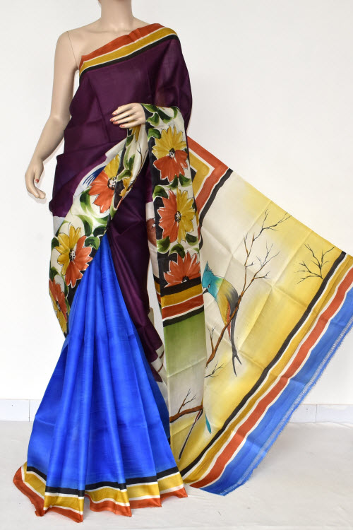 Purple-Blue Double Knitted Handloom Pure Silk Saree