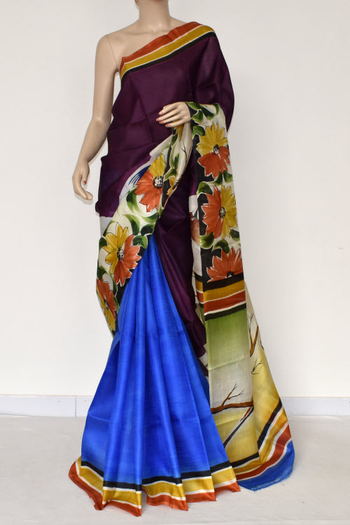 Purple-Blue Double Knitted Handloom Pure Silk Saree
