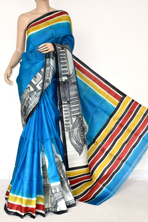 Pherozi Blue Double Knitted Handloom Pure Silk Saree