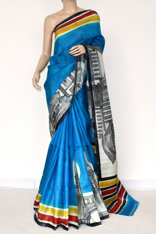 Pherozi Blue Double Knitted Handloom Pure Silk Saree
