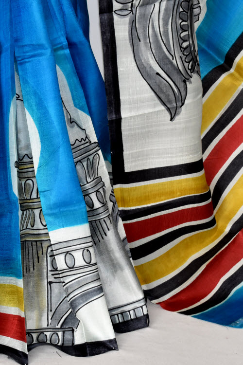 Pherozi Blue Double Knitted Handloom Pure Silk Saree