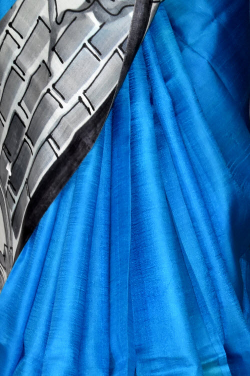 Pherozi Blue Double Knitted Handloom Pure Silk Saree