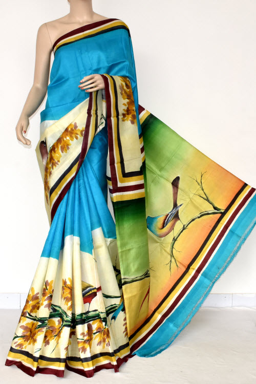 Pherozi Blue Double Knitted Handloom Pure Silk Saree