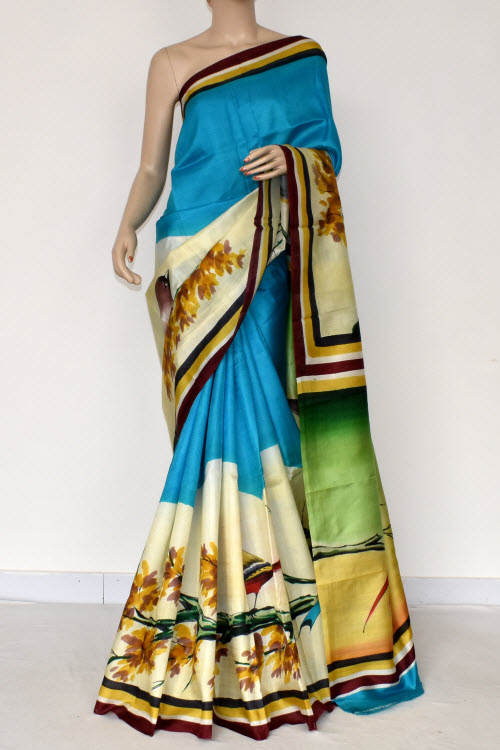Pherozi Blue Double Knitted Handloom Pure Silk Saree