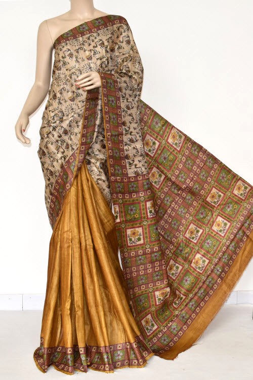Mustard-Fawn Double Knitted Handloom Pure Silk Saree
