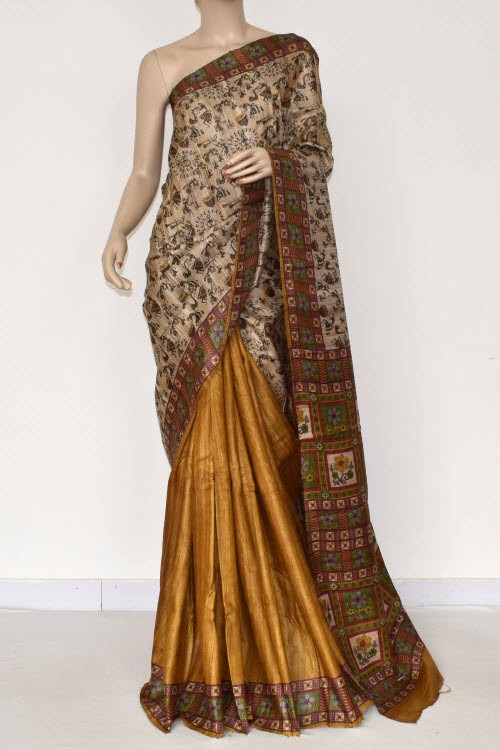 Mustard-Fawn Double Knitted Handloom Pure Silk Saree