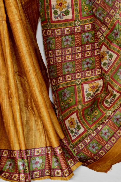 Mustard-Fawn Double Knitted Handloom Pure Silk Saree