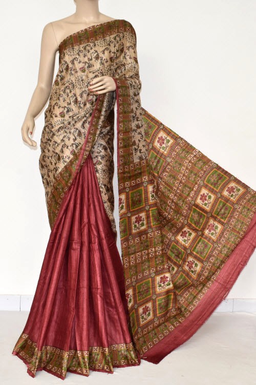 Maroon-Fawn Double Knitted Handloom Pure Silk Saree