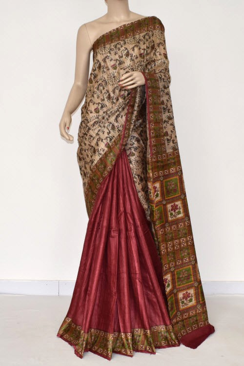 Maroon-Fawn Double Knitted Handloom Pure Silk Saree