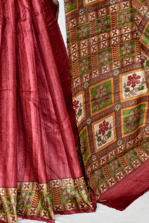 Maroon-Fawn Double Knitted Handloom Pure Silk Saree