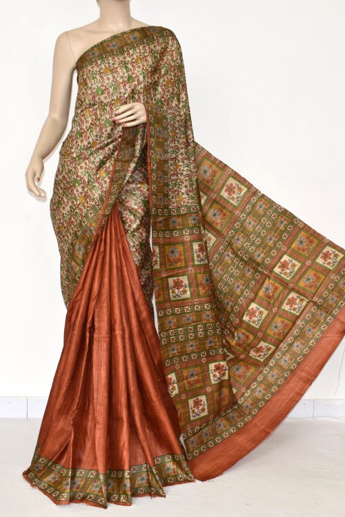 Rust-Fawn Double Knitted Handloom Pure Silk Saree