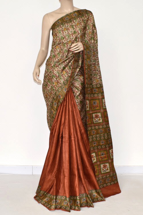 Rust-Fawn Double Knitted Handloom Pure Silk Saree