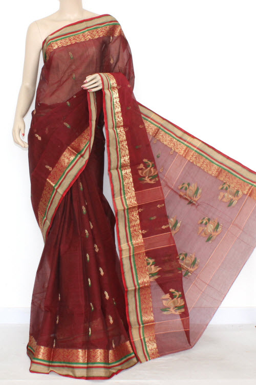 Maroon Handwoven Tant Cotton Saree with Blouse 17293