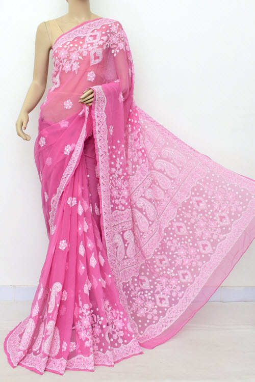 Onion Hand-Embroidered Lucknowi Chikankari Georgette Saree with Blouse