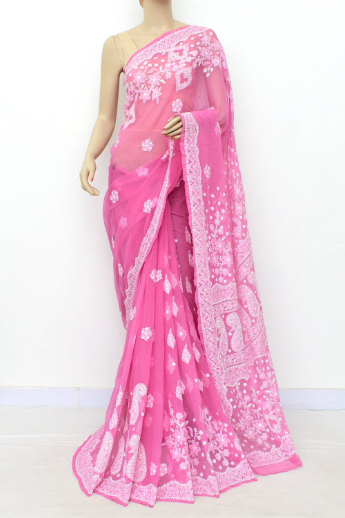 Onion Hand-Embroidered Lucknowi Chikankari Georgette Saree with Blouse