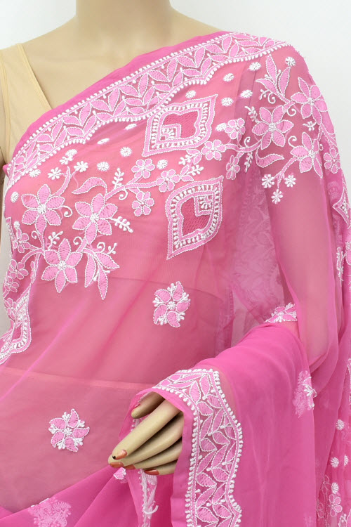 Onion Hand-Embroidered Lucknowi Chikankari Georgette Saree with Blouse