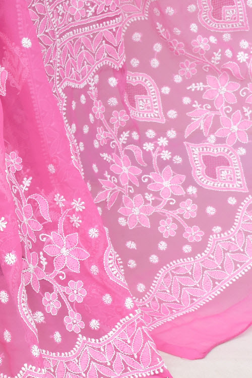 Onion Hand-Embroidered Lucknowi Chikankari Georgette Saree with Blouse