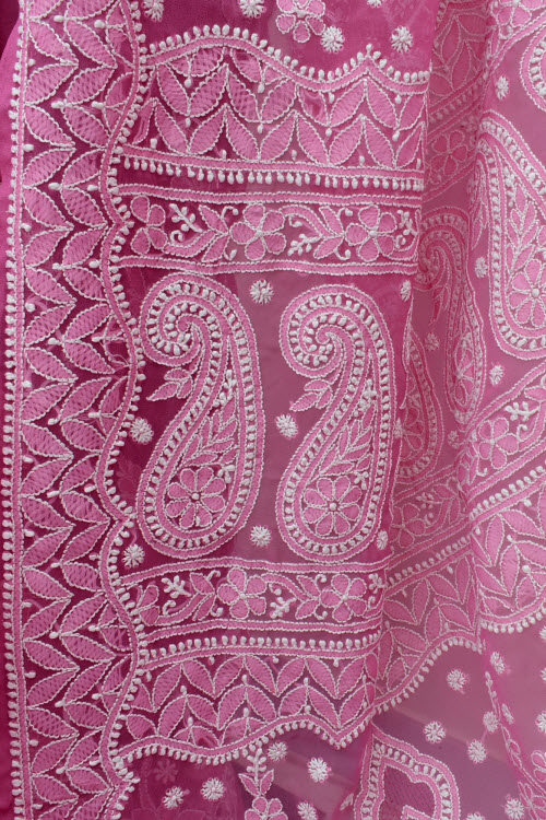 Onion Hand-Embroidered Lucknowi Chikankari Georgette Saree with Blouse