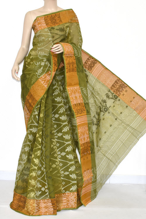 Mehndi Green Handlwoven Jamdani Tant Cotton Saree 17346