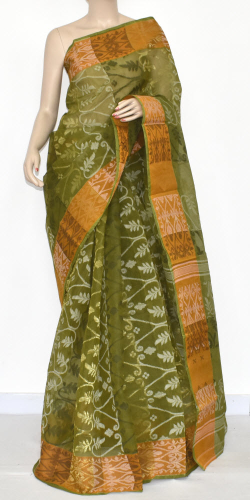 Mehndi Green Handlwoven Jamdani Tant Cotton Saree 17346