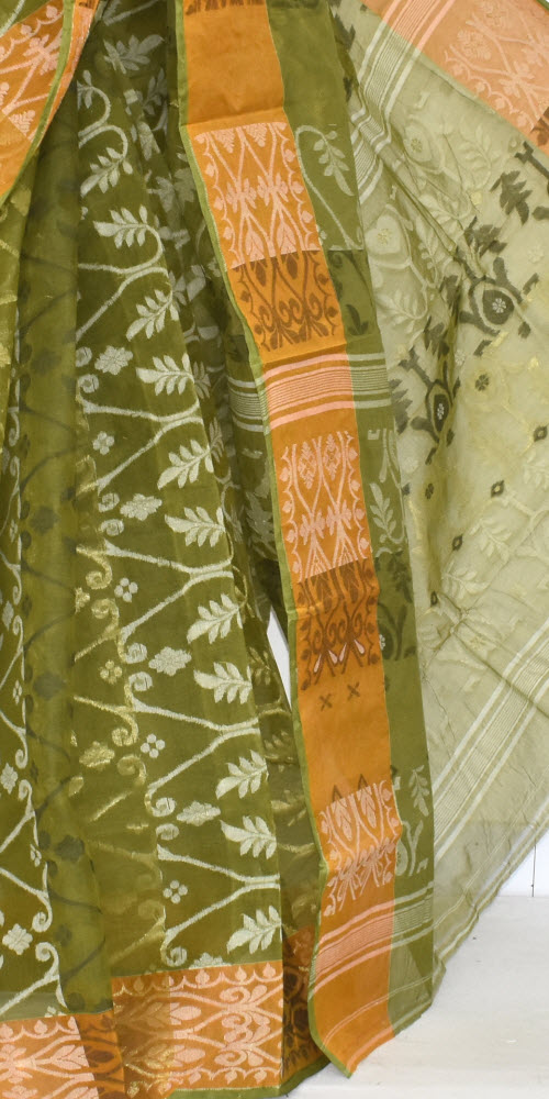 Mehndi Green Handlwoven Jamdani Tant Cotton Saree 17346