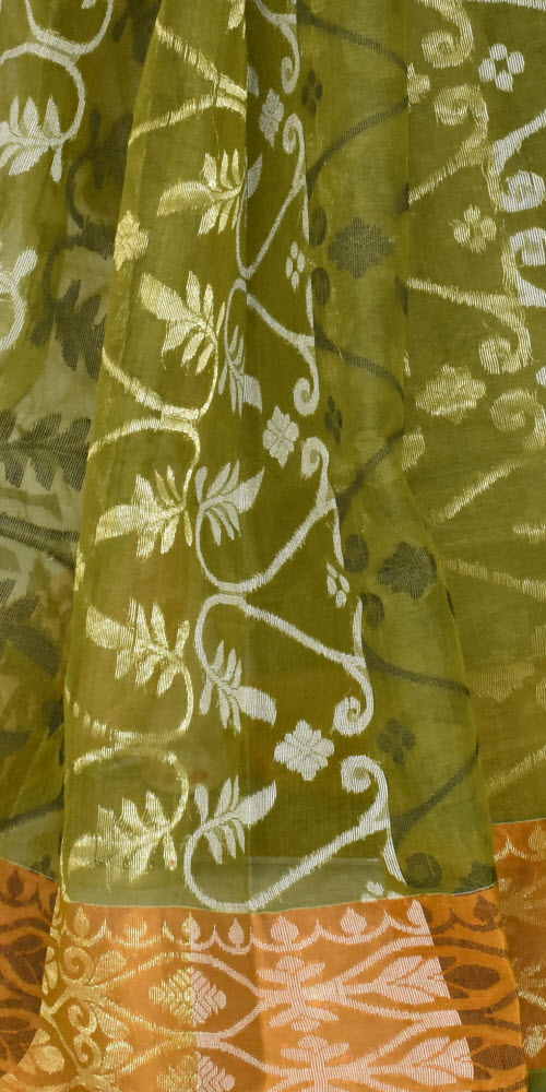 Mehndi Green Handlwoven Jamdani Tant Cotton Saree 17346