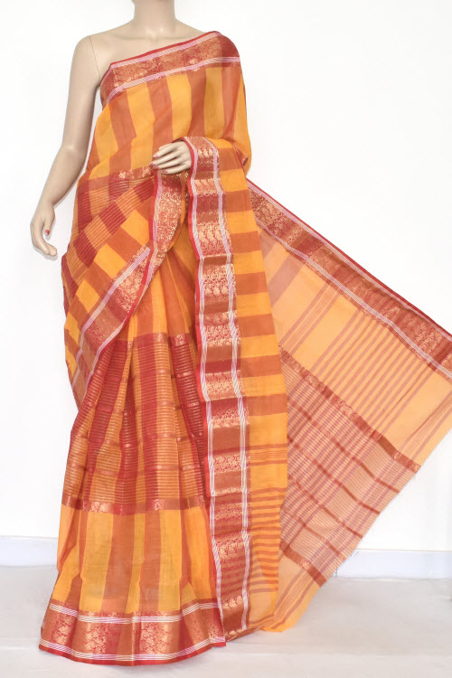 Red-Yellow Handwoven Tant Cotton Saree 17351