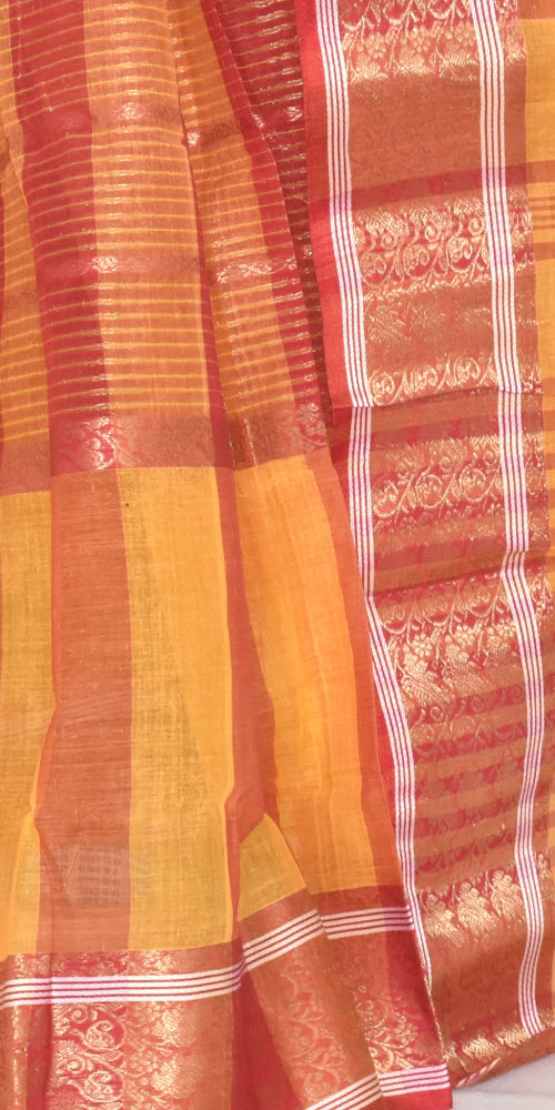 Red-Yellow Handwoven Tant Cotton Saree 17351