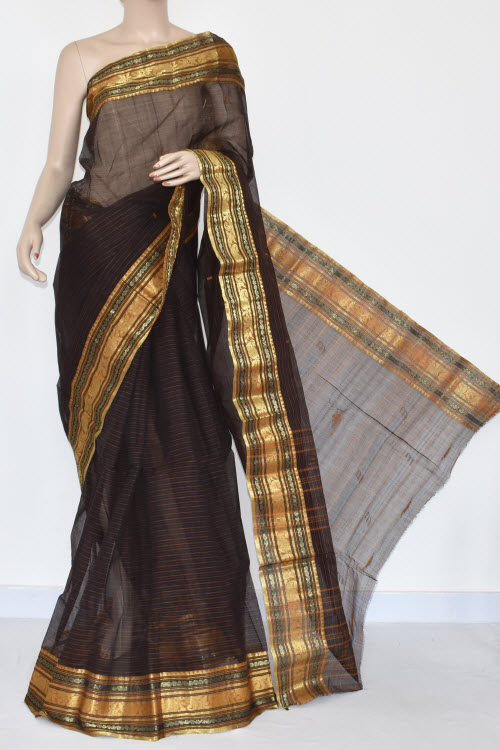 Black Handwoven Tant Cotton Saree 17359