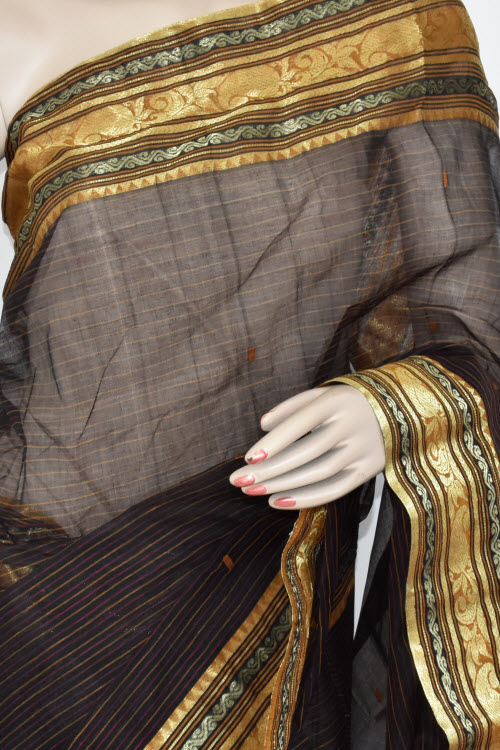 Black Handwoven Tant Cotton Saree 17359