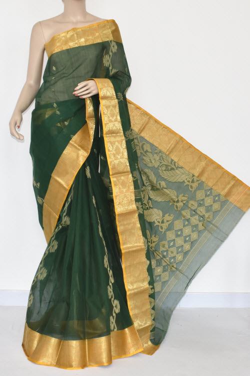 Bottle Green Handwoven Tant Cotton Saree 17361