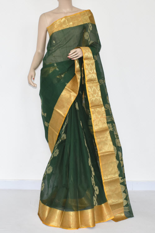 Bottle Green Handwoven Tant Cotton Saree 17361