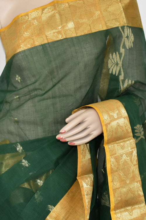 Bottle Green Handwoven Tant Cotton Saree 17361