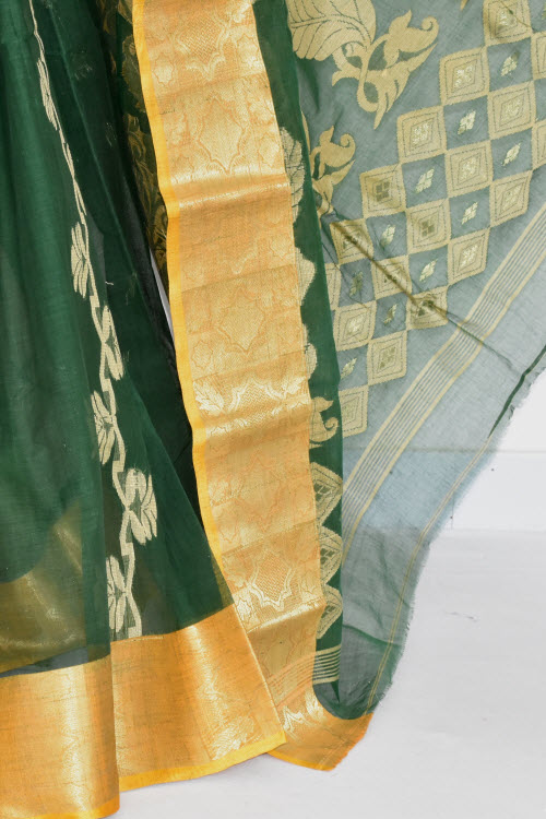 Bottle Green Handwoven Tant Cotton Saree 17361