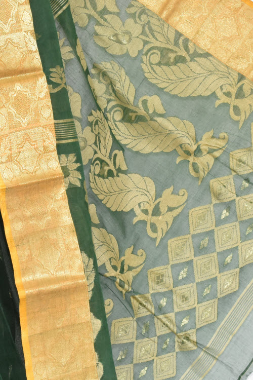 Bottle Green Handwoven Tant Cotton Saree 17361