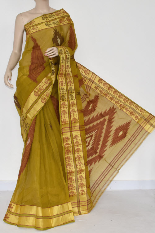 Mehndi Green Handwoven Tant Cotton Saree 17366