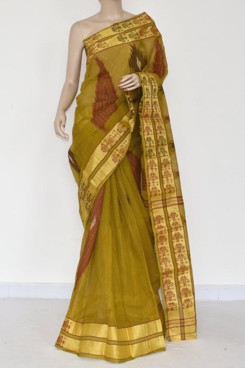 Mehndi Green Handwoven Tant Cotton Saree 17366