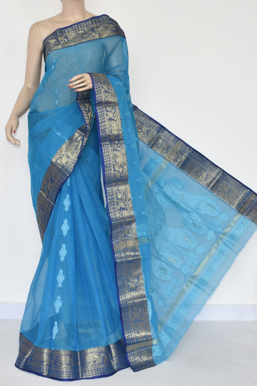 Pherozi Blue Handwoven Tant Cotton Saree 17370