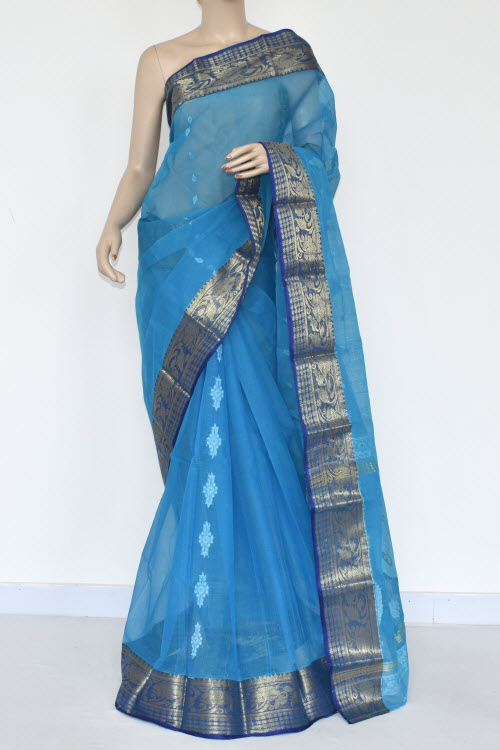Pherozi Blue Handwoven Tant Cotton Saree 17370