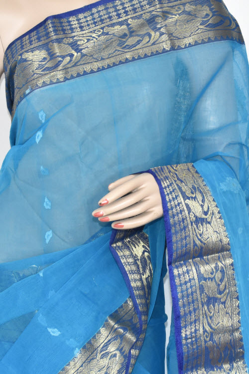 Pherozi Blue Handwoven Tant Cotton Saree 17370