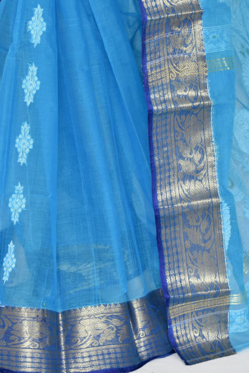 Pherozi Blue Handwoven Tant Cotton Saree 17370