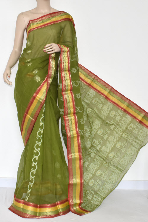 Mehndi Green Handwoven Tant Cotton Saree 17374
