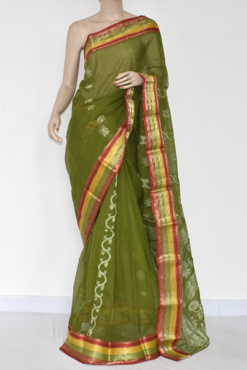 Mehndi Green Handwoven Tant Cotton Saree 17374