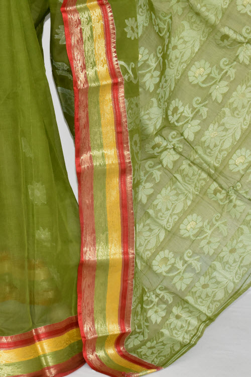 Mehndi Green Handwoven Tant Cotton Saree 17374