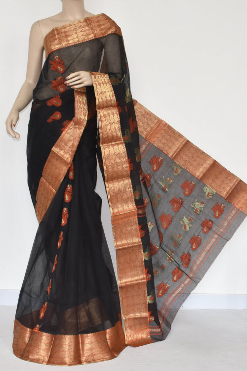 Black Handwoven Tant Cotton Saree 17383
