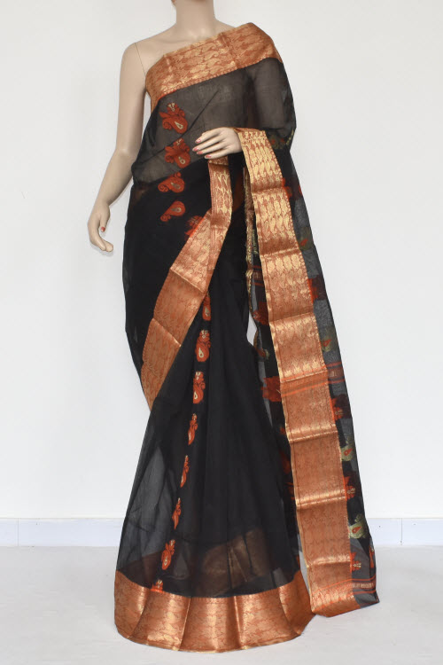 Black Handwoven Tant Cotton Saree 17383